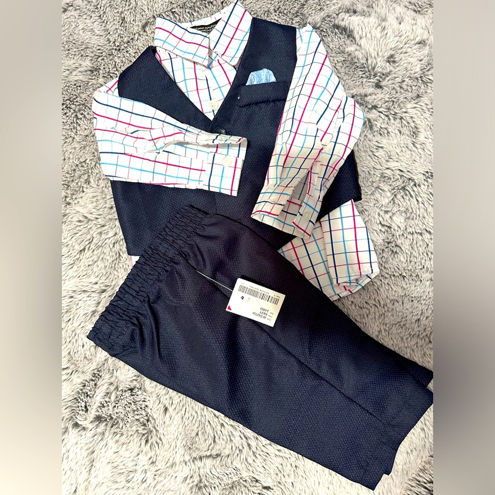 New !!!  3 piece, Navy blue vest and pants, white striped shirt. Tags still on